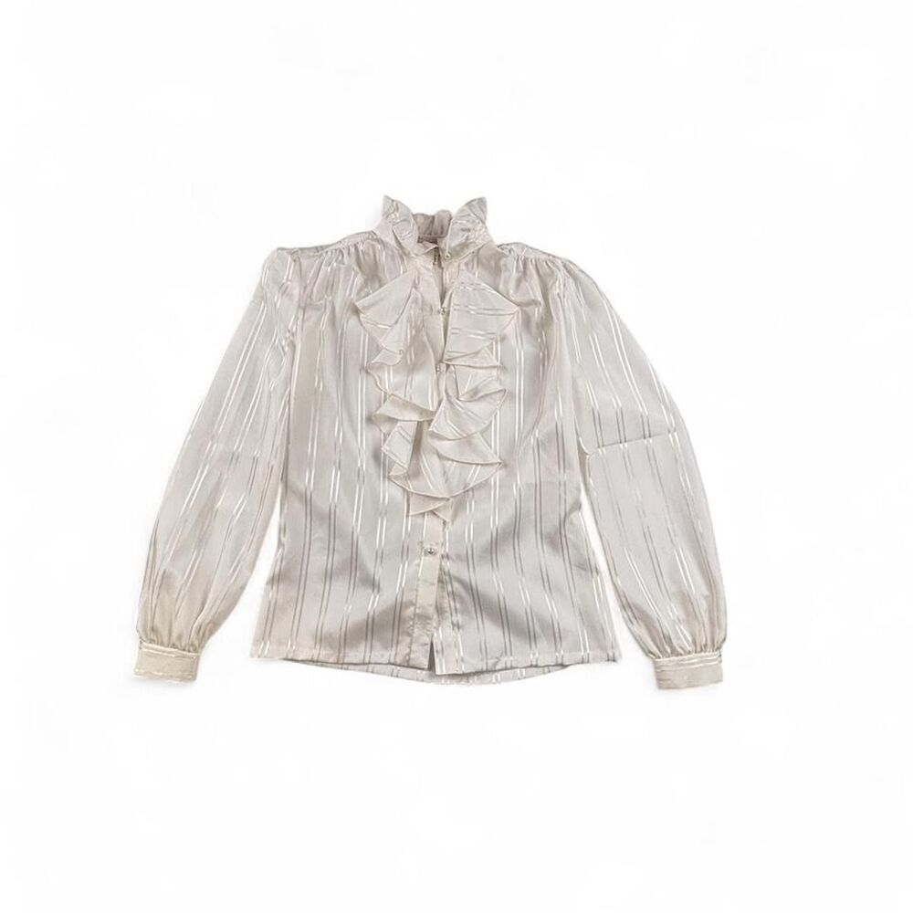 Vintage White Satin Ruffle Victorian Blouse Sheer Stripe Women’s Small